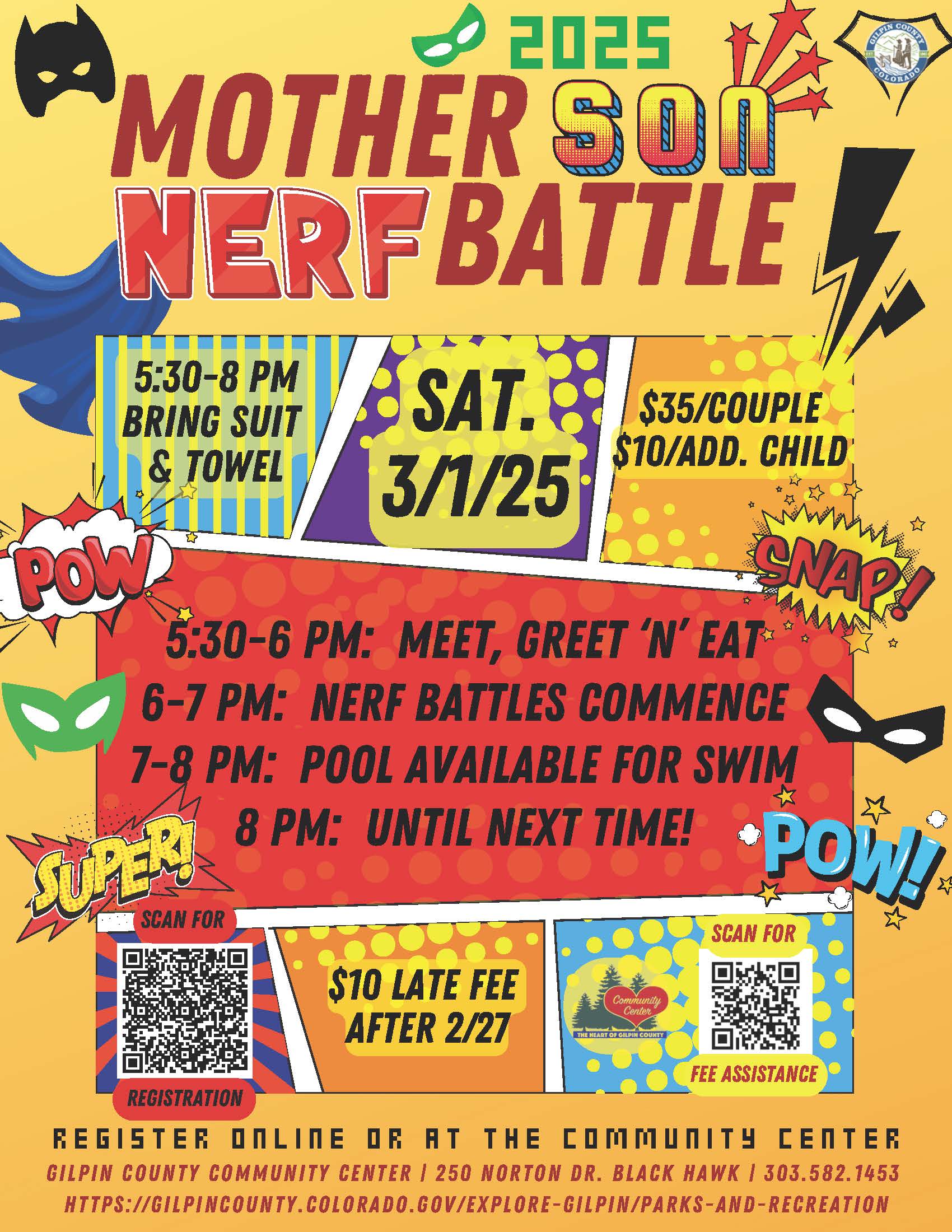 2025 Mother Son Nerf Battle flyer with information as included in the post about this event