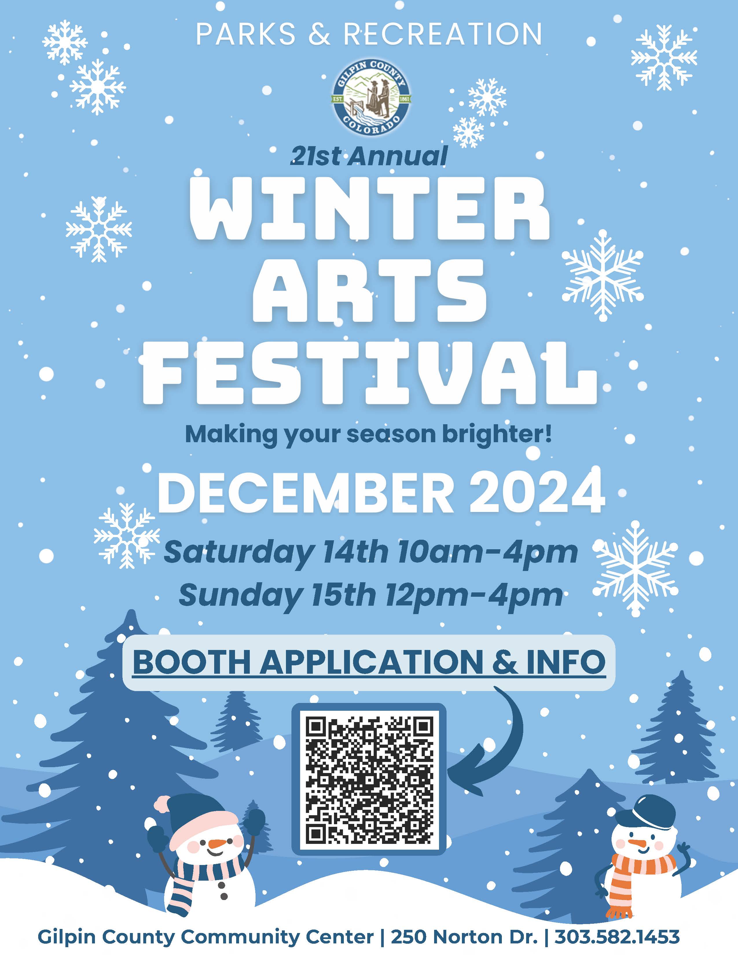 Winter Arts Festival flyer with dates, times, and booth application link as shared in previous section.