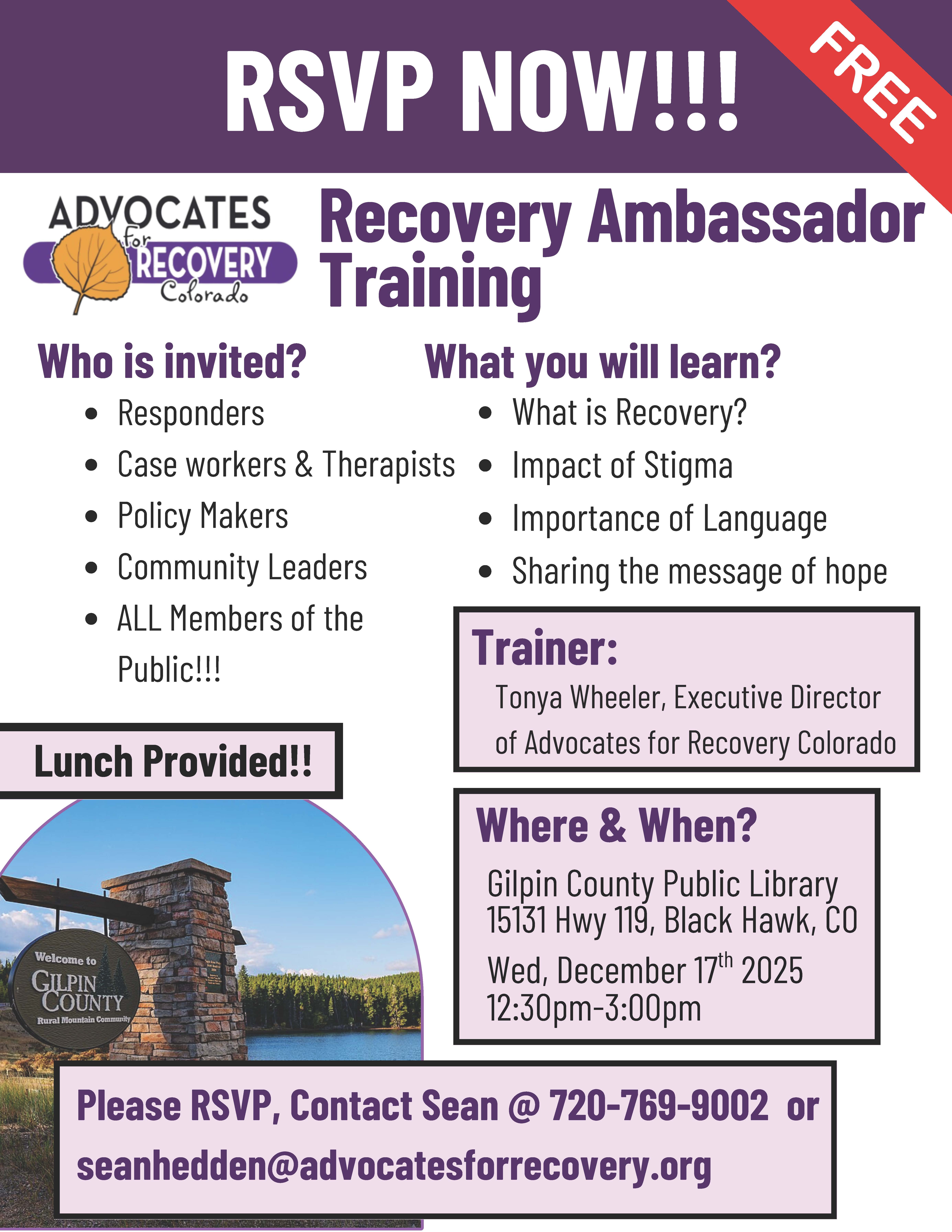 Flyer for Recovery Ambassador Training. All content provided above.