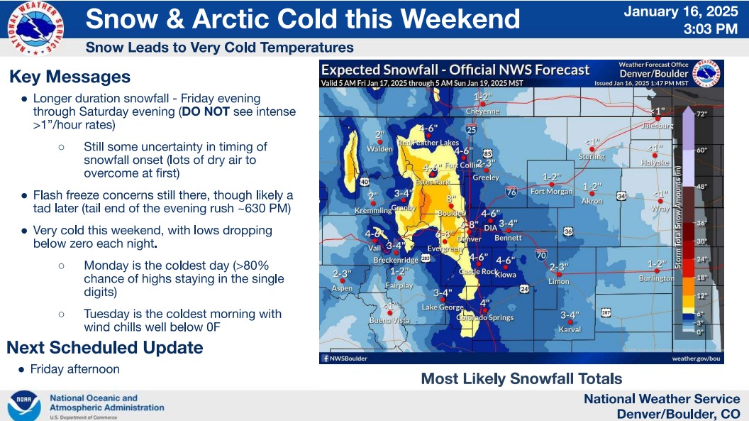 Weather map of expected snowfall and messages about the weather 