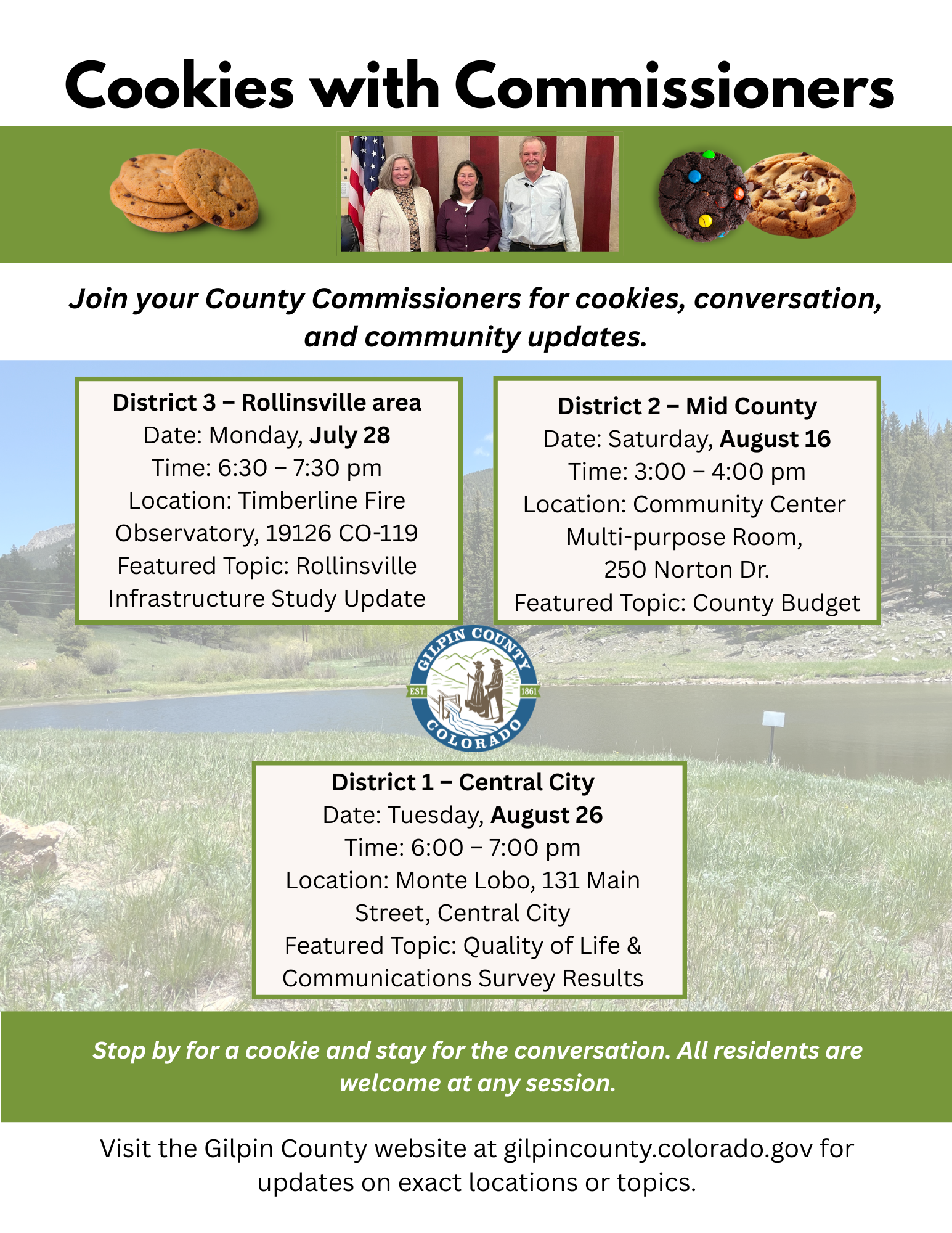 Flyer for Cookies with Commissioners events. Information as described above.