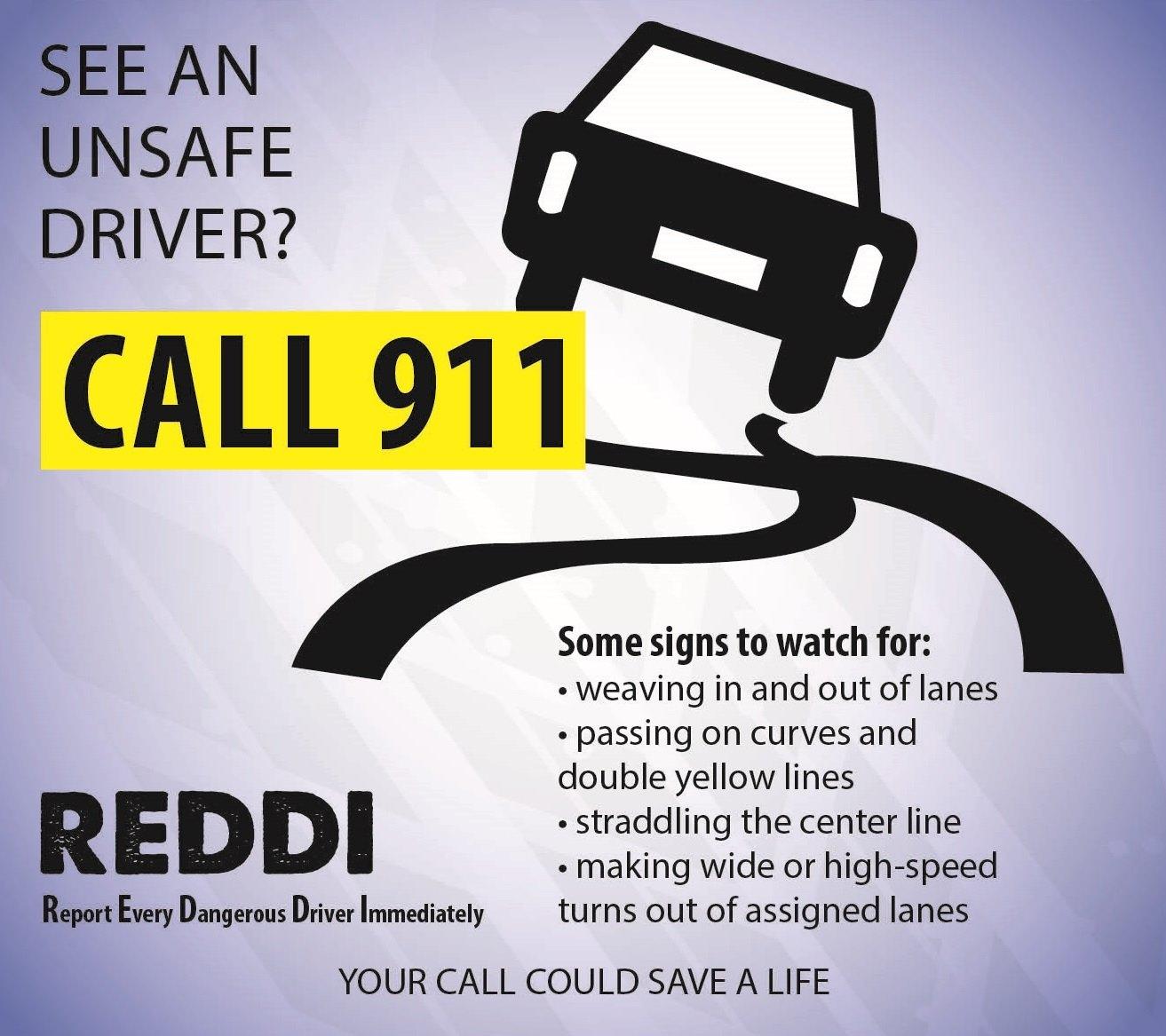 See an unsafe driver? Call 911 Signs to watch for