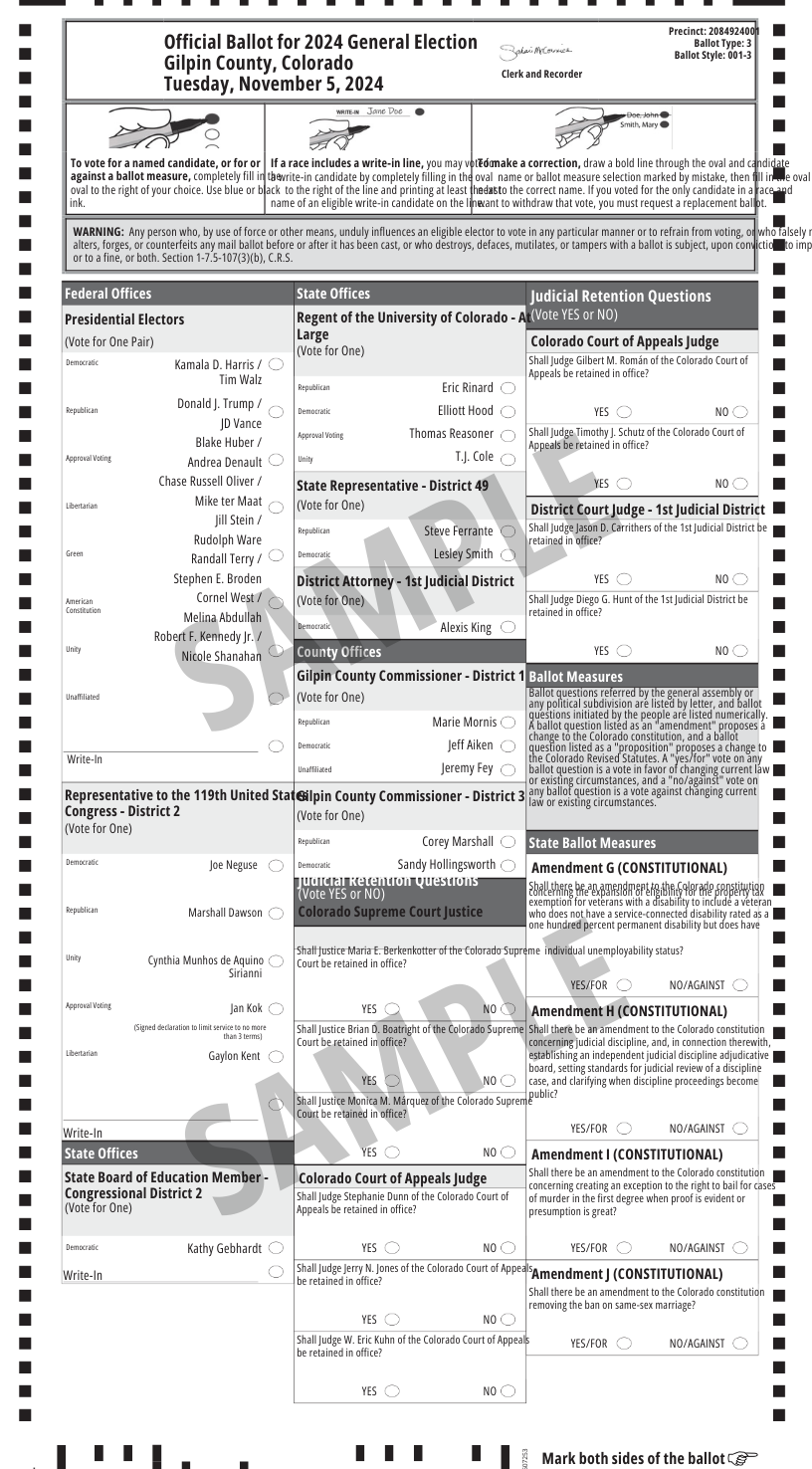 Front of sample ballot for Black Hawk