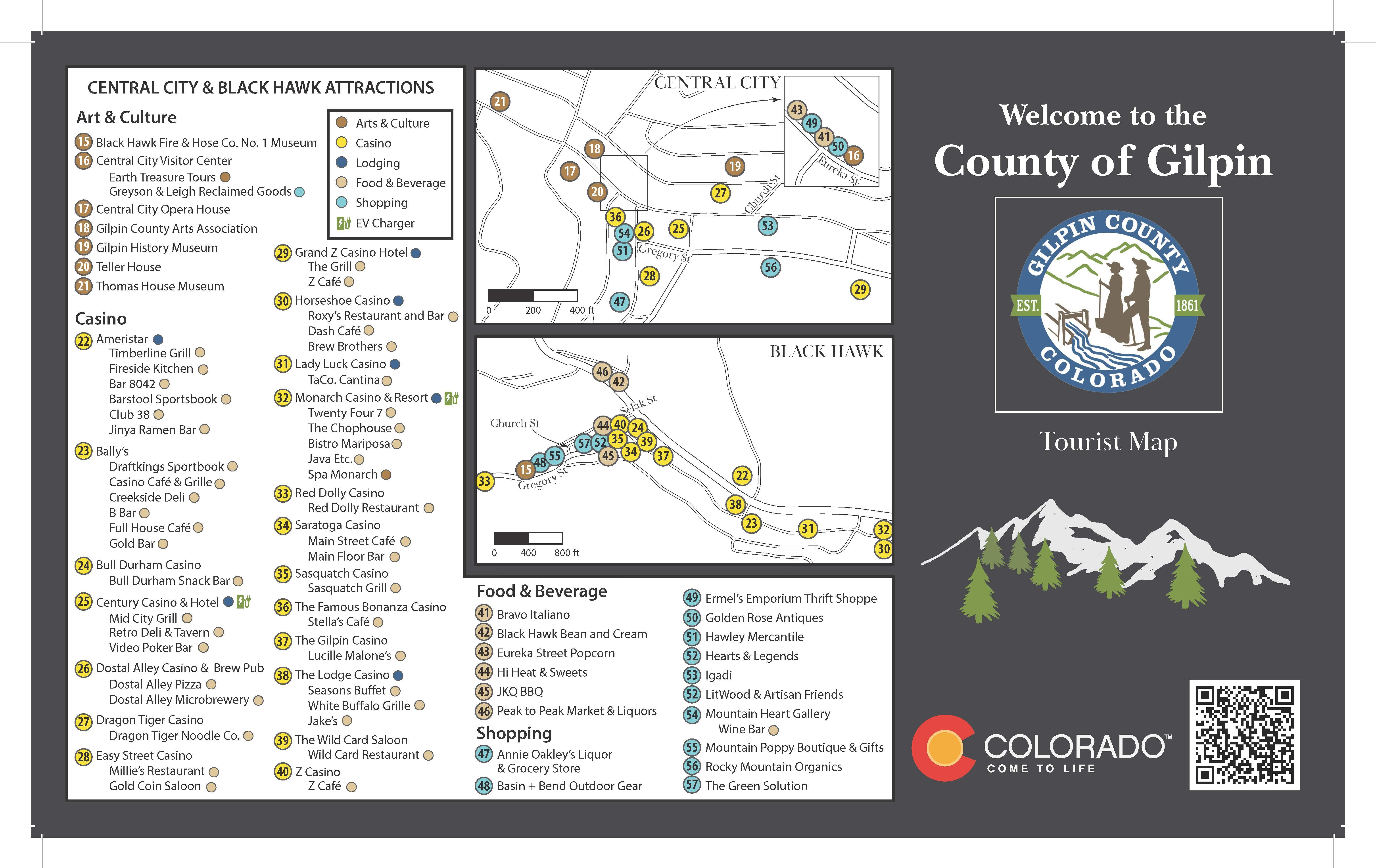 Gilpin County tourism map listing businesses and pinpointing them on map