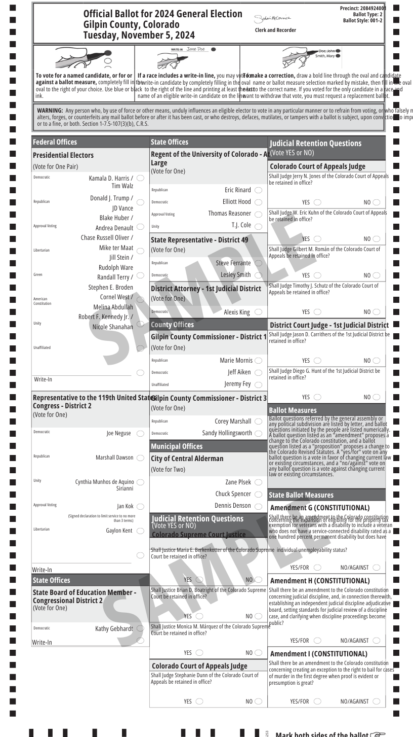 Front of sample ballot for Central City