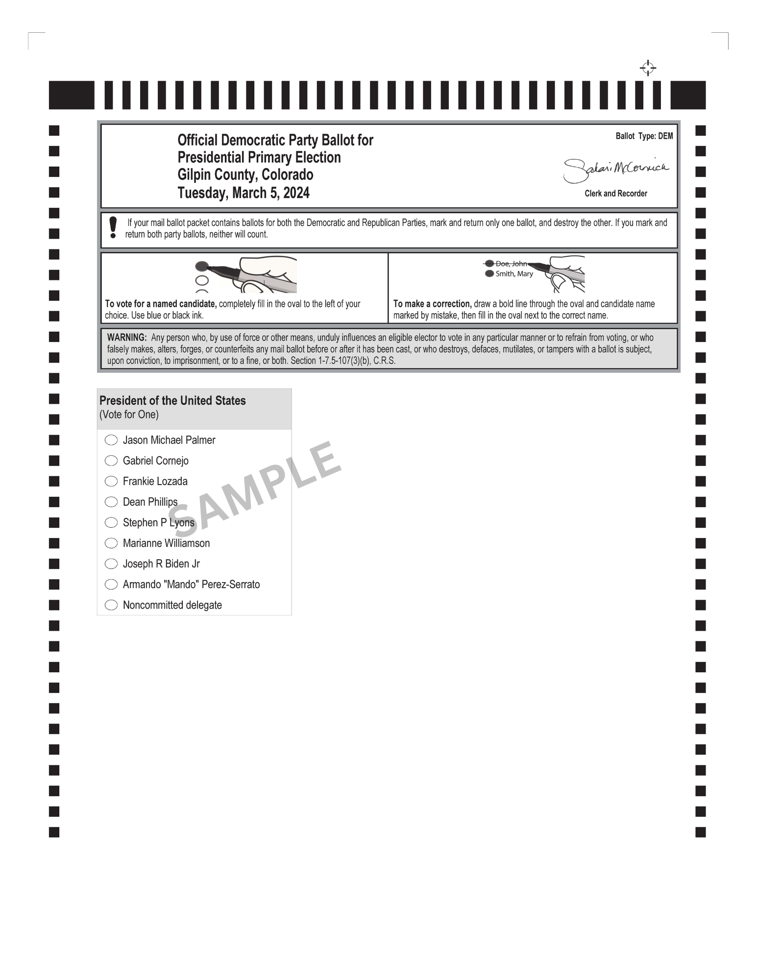 Sample ballot for Democratic party March 2024
