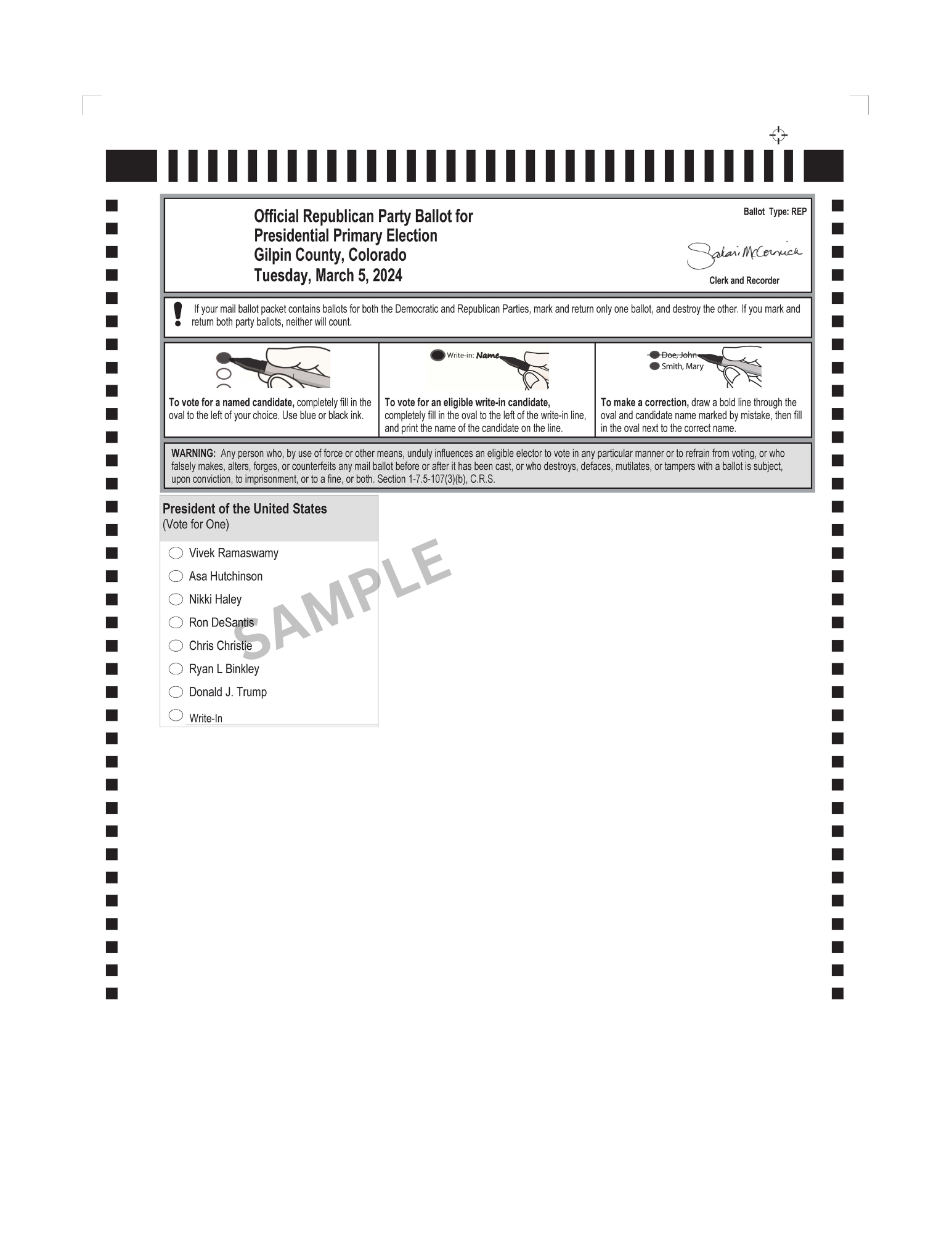Sample ballot for Republican Party March 2024