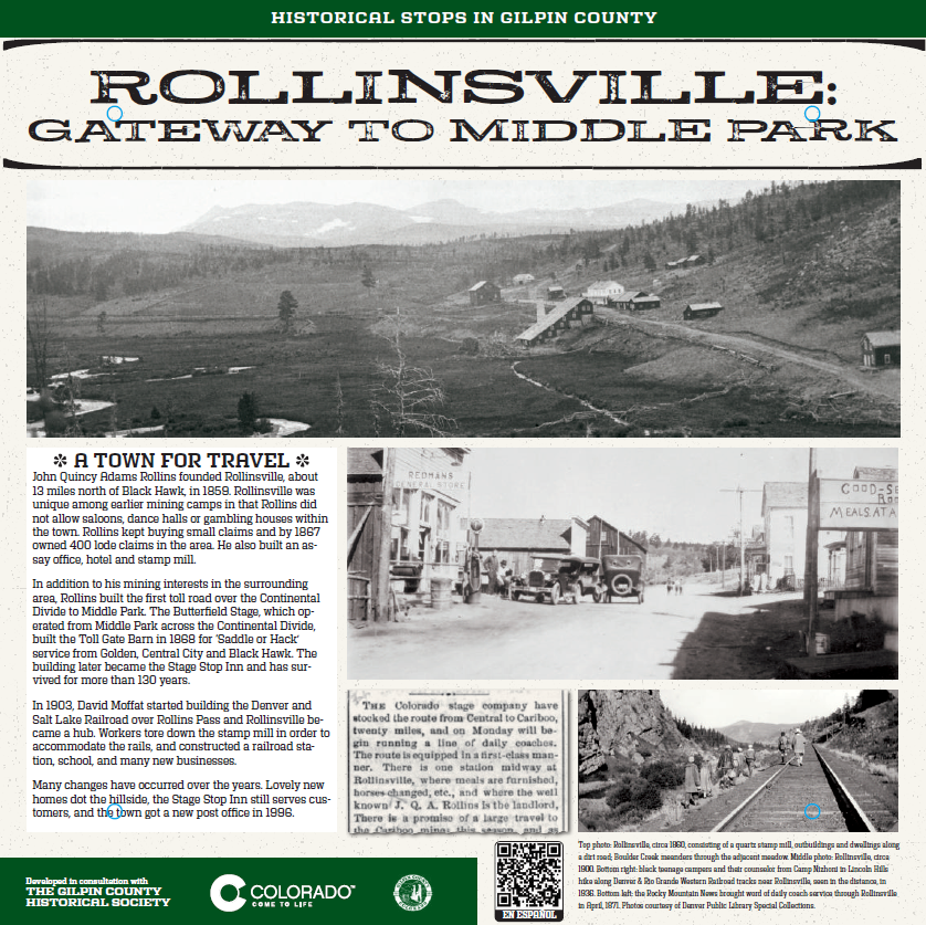 Image of Rollinsville: Gateway to Middle Park highway sign. Text from sign included below.