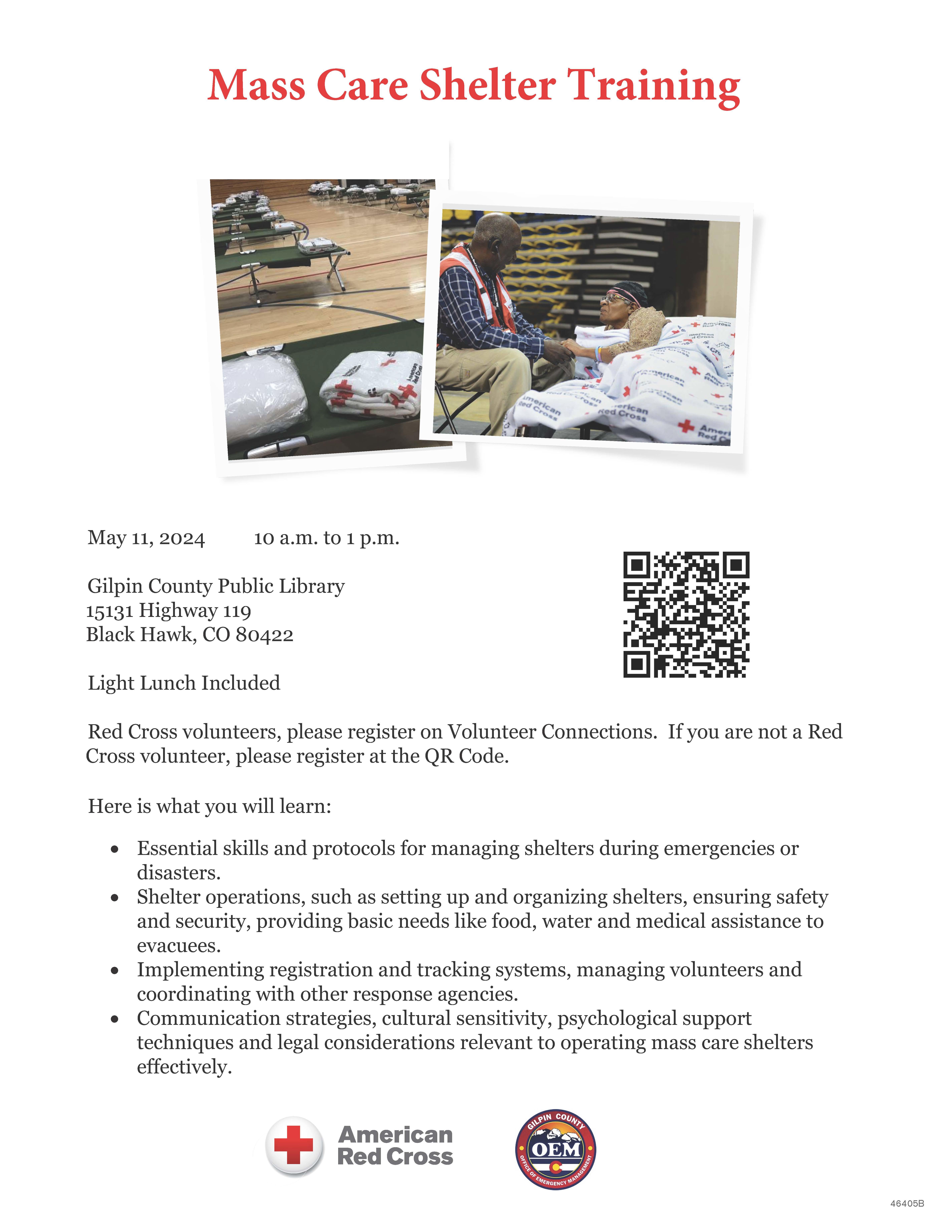 Mass Care Shelter Training Flyer for May 11, 2024