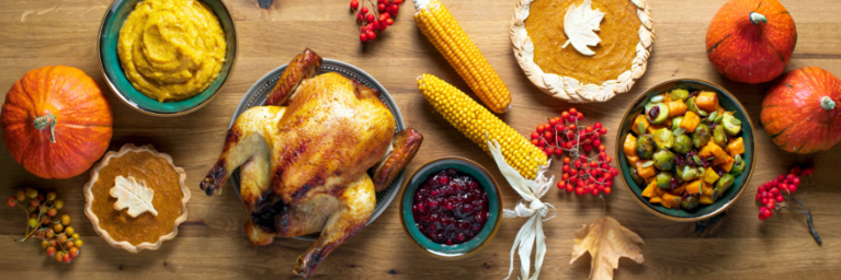 turkey, pumpkins, pumpkin pie, cranberry sauce, and other holiday meal items